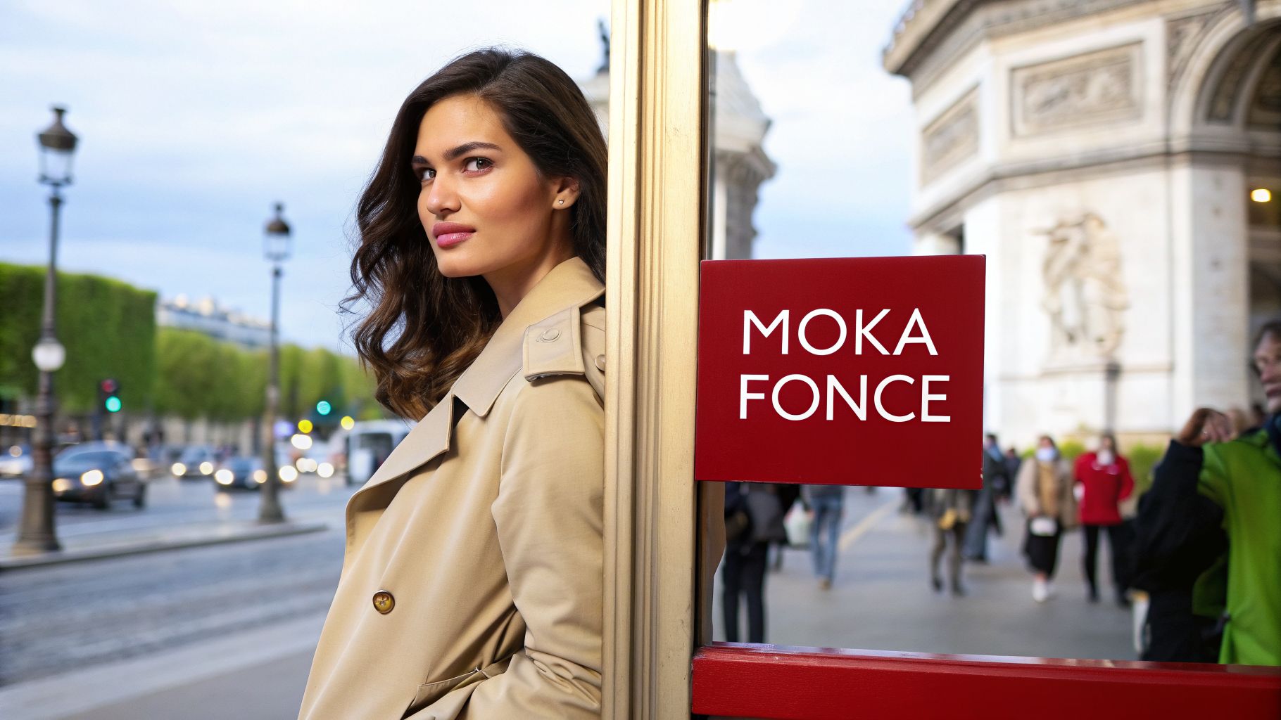 Femme élégante aux longs cheveux moka foncé, posant dans les rues de Paris, avec un trench-coat beige.