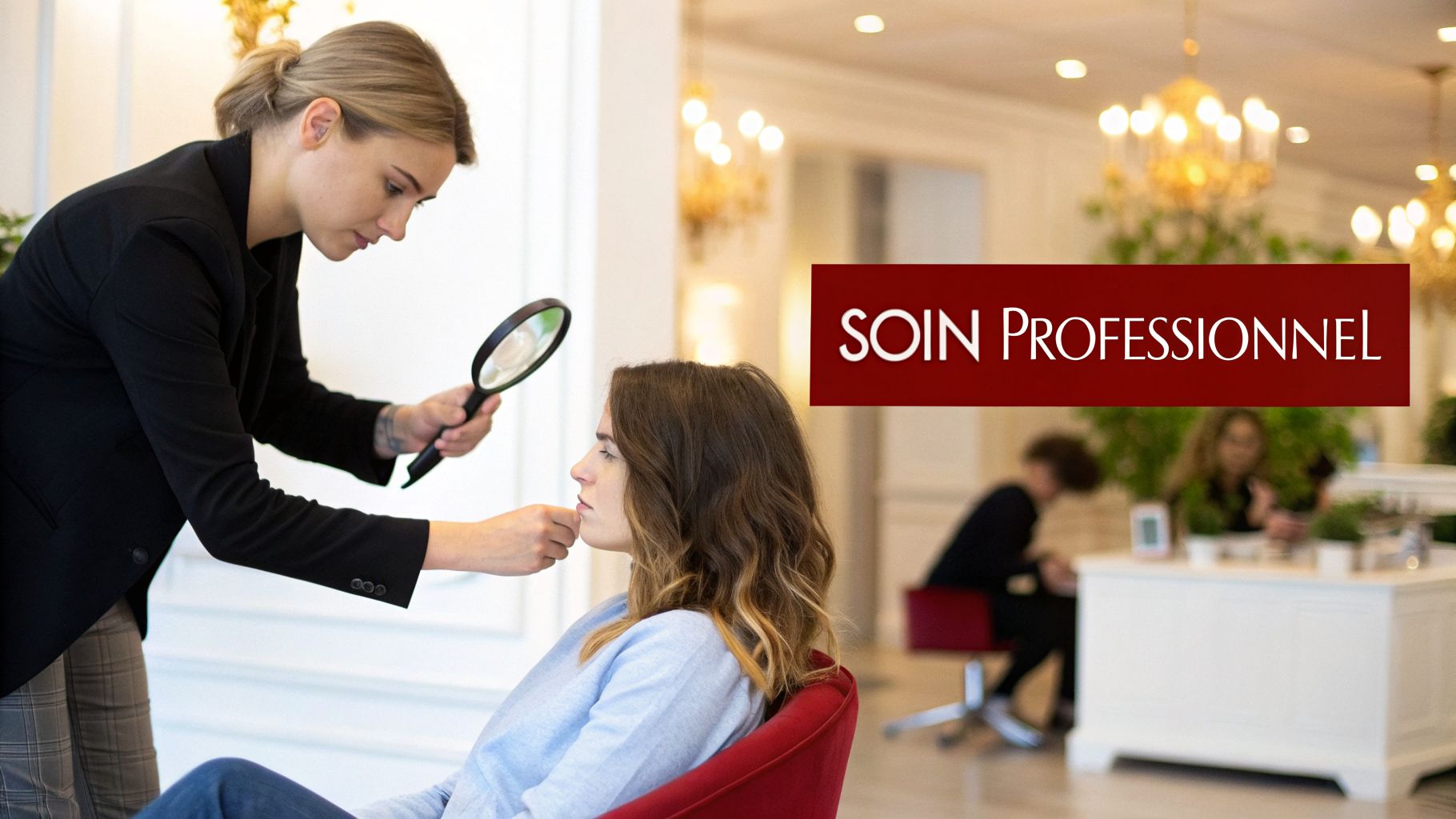 Une esthéticienne examine le visage d'une cliente avec une loupe dans un salon lumineux, offrant un soin professionnel.