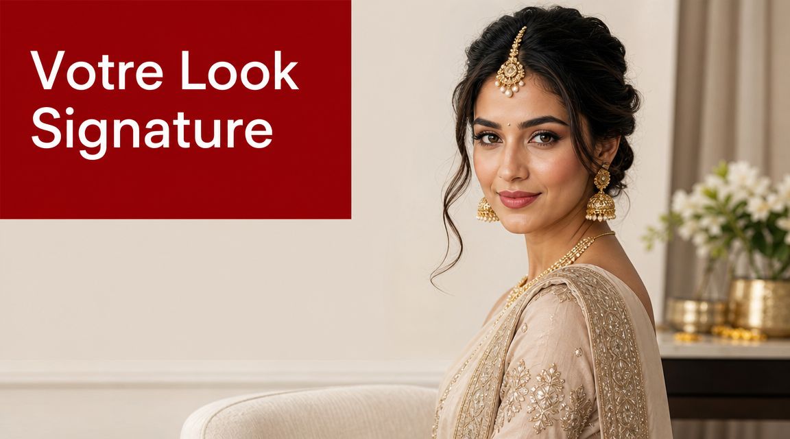 Une femme élégante portant des bijoux traditionnels indiens et un maang tikka pour sublimer son look.