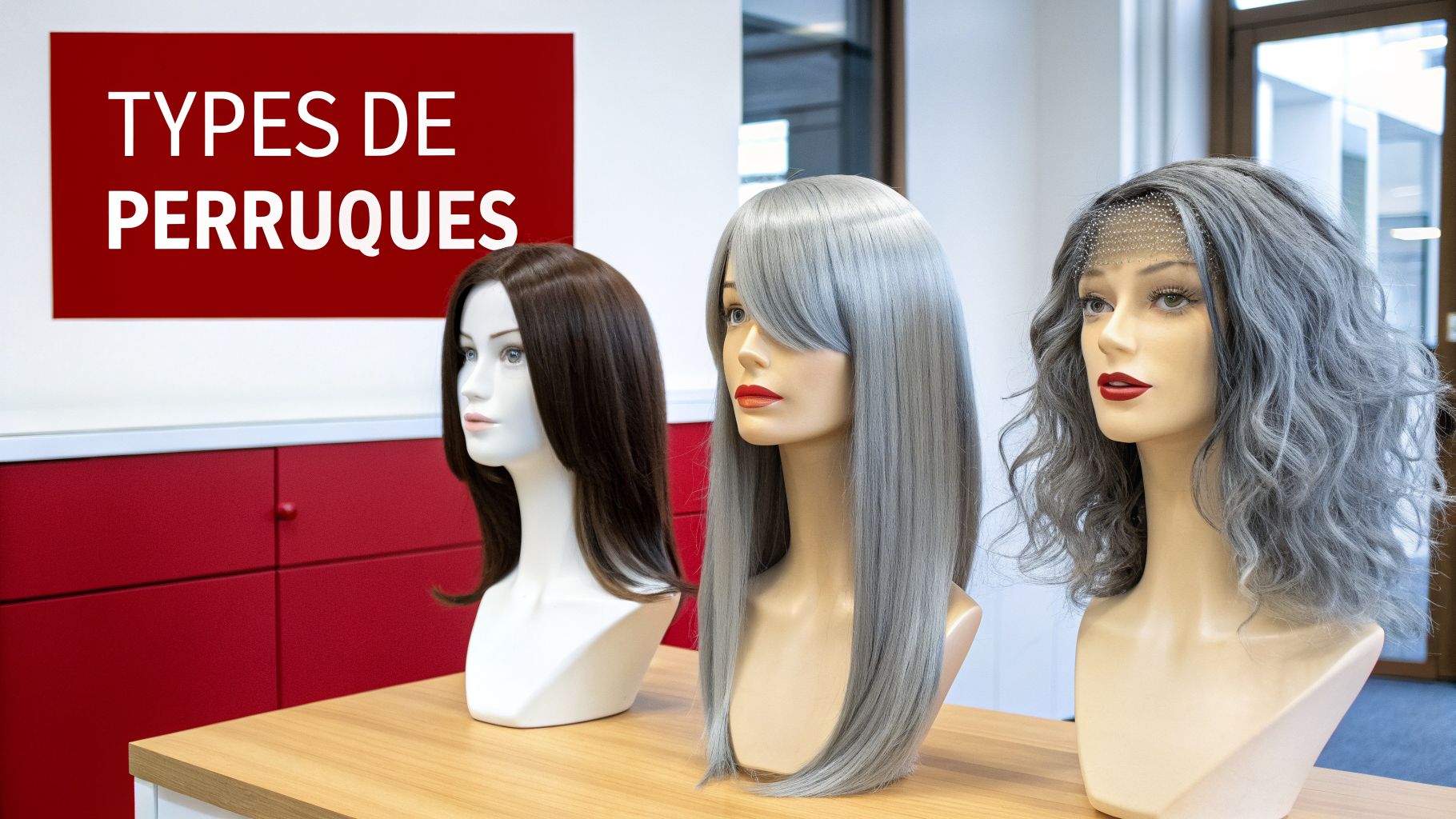 Trois têtes de mannequin exposent différents types de perruques : une brune longue, deux grises, une lisse et une bouclée.