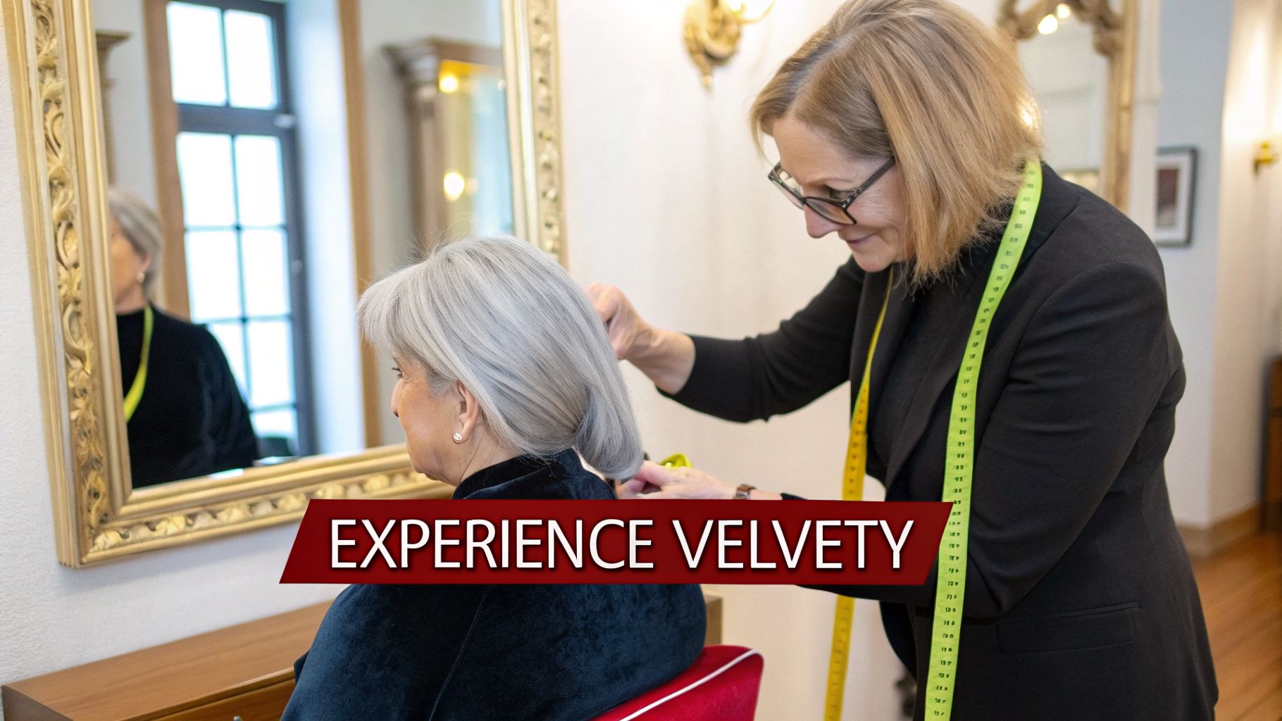 Une coiffeuse ou styliste ajuste les cheveux gris d'une femme assise devant un miroir doré.