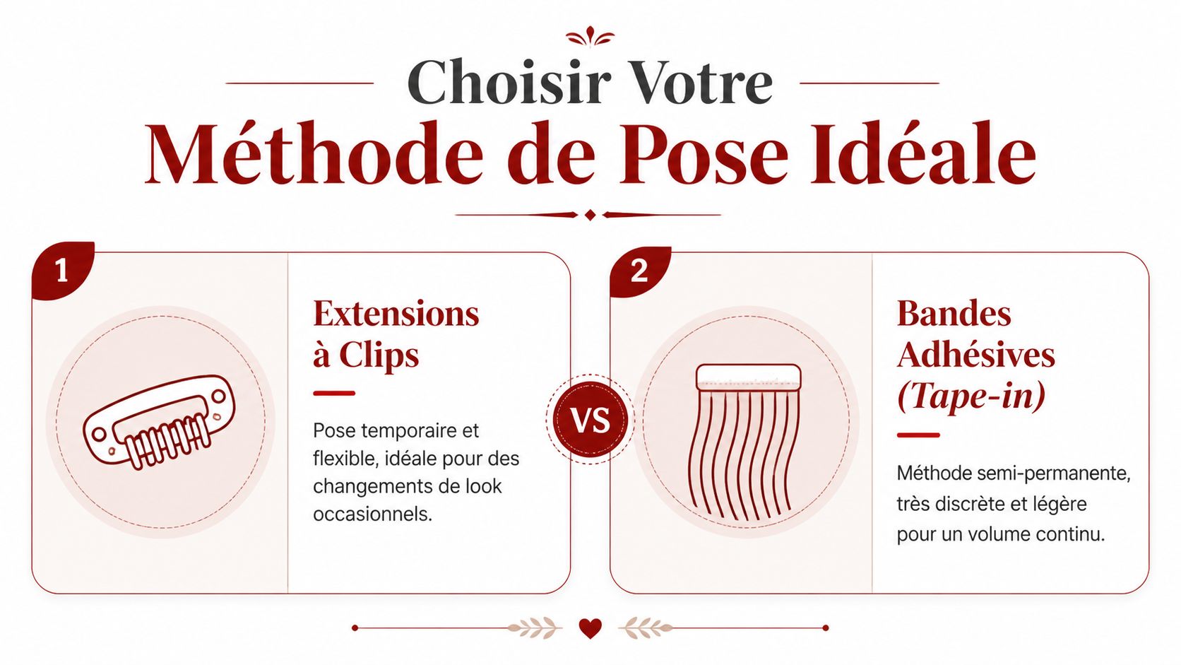 Comparaison entre les extensions à clips temporaires et les bandes adhésives semi-permanentes pour le choix de votre coiffure.