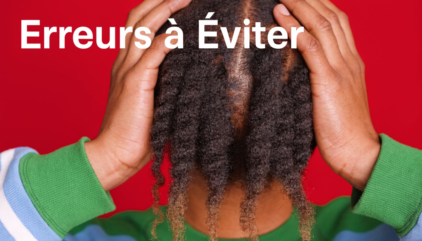Une personne aux cheveux crépus naturels se tenant la tête, illustrant des erreurs courantes dans les soins capillaires.