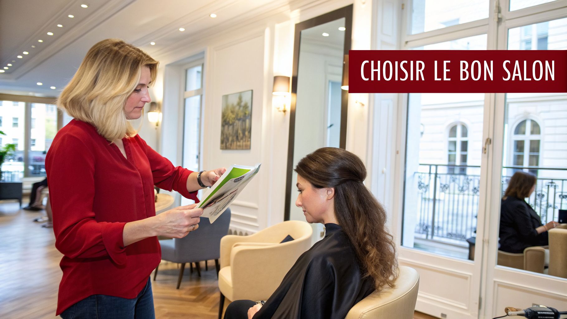 Une coiffeuse blonde conseille une cliente assise dans un salon élégant, montrant des options de coiffure.