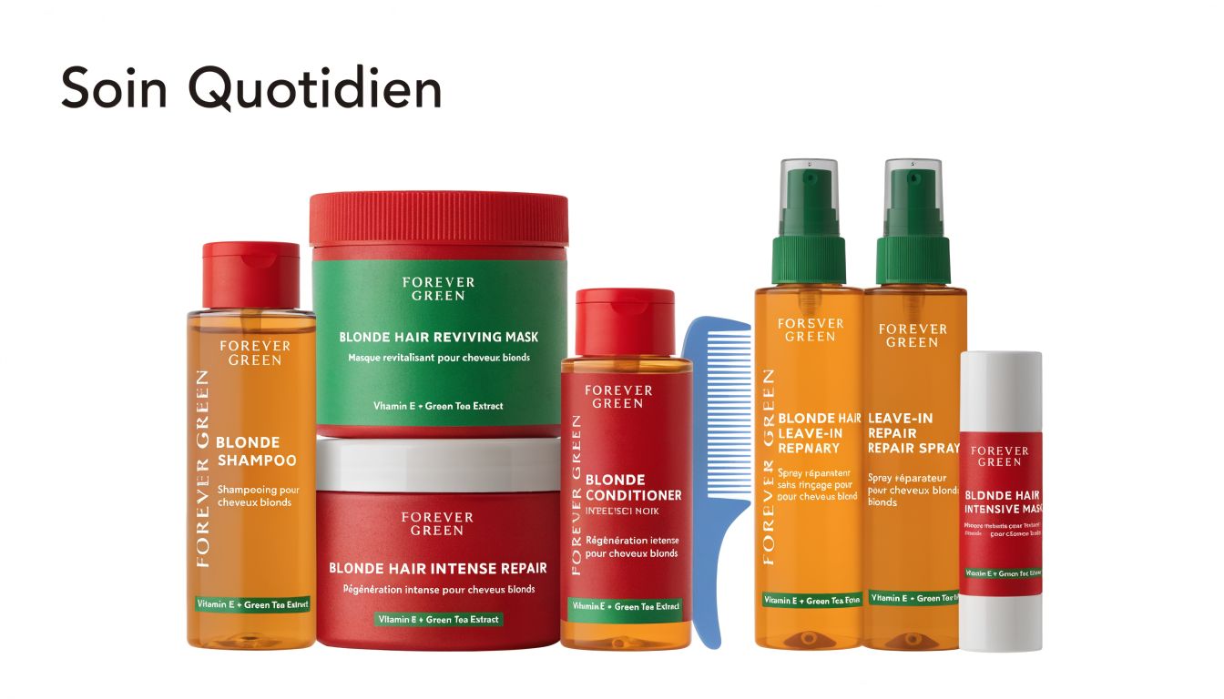 Une gamme complète de produits capillaires Forever Green pour entretenir et réparer les cheveux blonds au quotidien.
