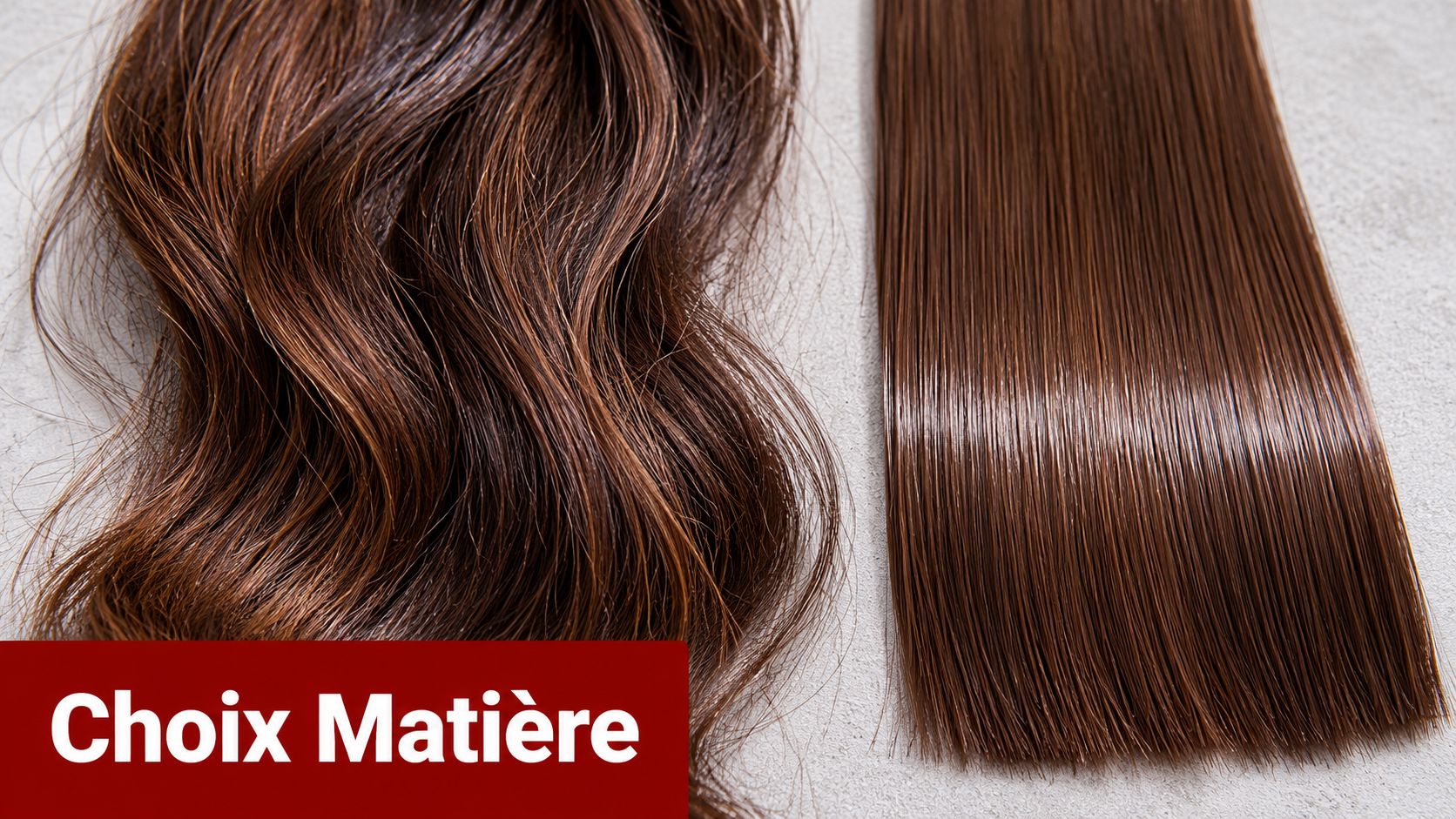 Comparaison de deux mèches de cheveux bruns, l'une ondulée et l'autre parfaitement lisse et droite.