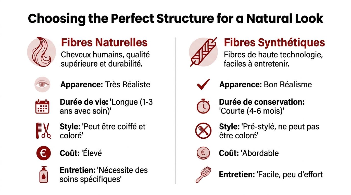 Tableau comparatif montrant les différences entre les perruques en fibres naturelles et les fibres synthétiques pour un look naturel.