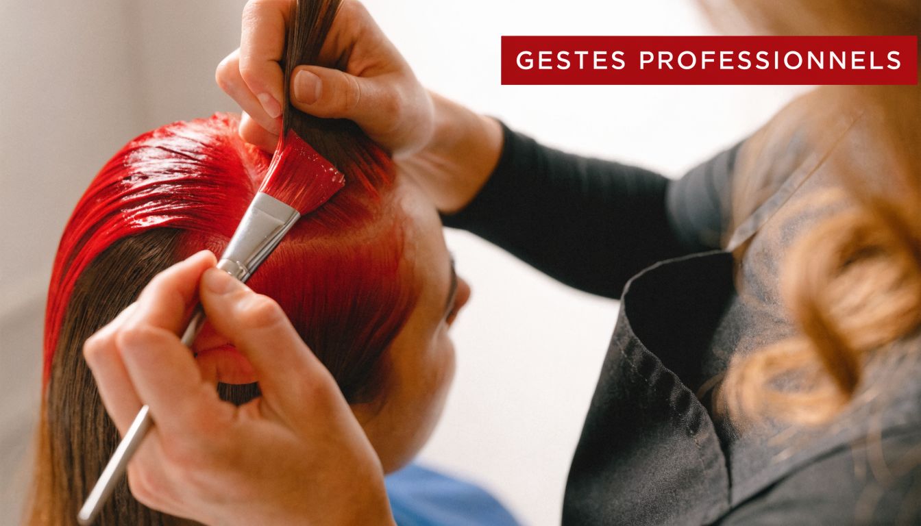 Une coiffeuse professionnelle applique avec soin une teinture rouge vif sur les cheveux d'une cliente au salon.