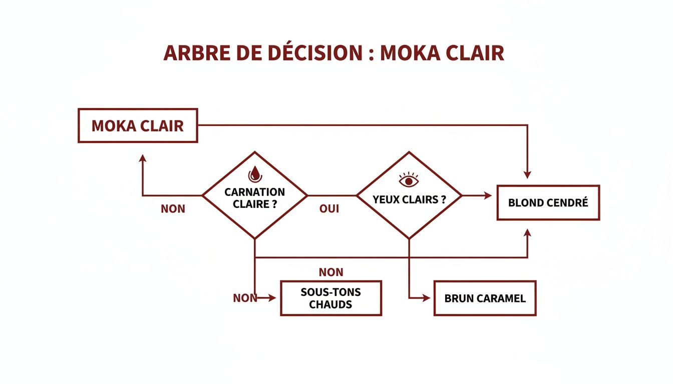 Arbre de décision Moka Clair: un guide visuel pour choisir la couleur selon le teint, les yeux et les sous-tons.