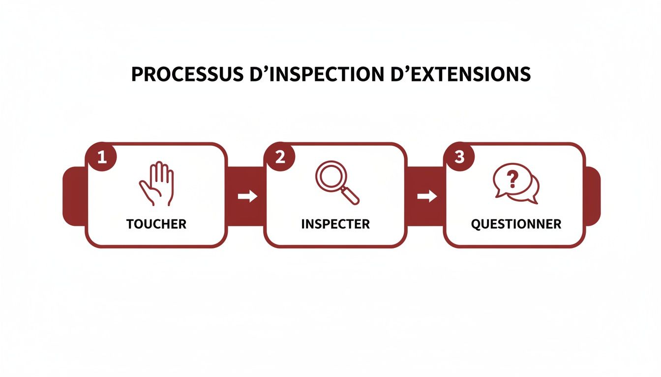 Infographie du processus d'inspection des extensions en trois étapes: toucher, inspecter, questionner.