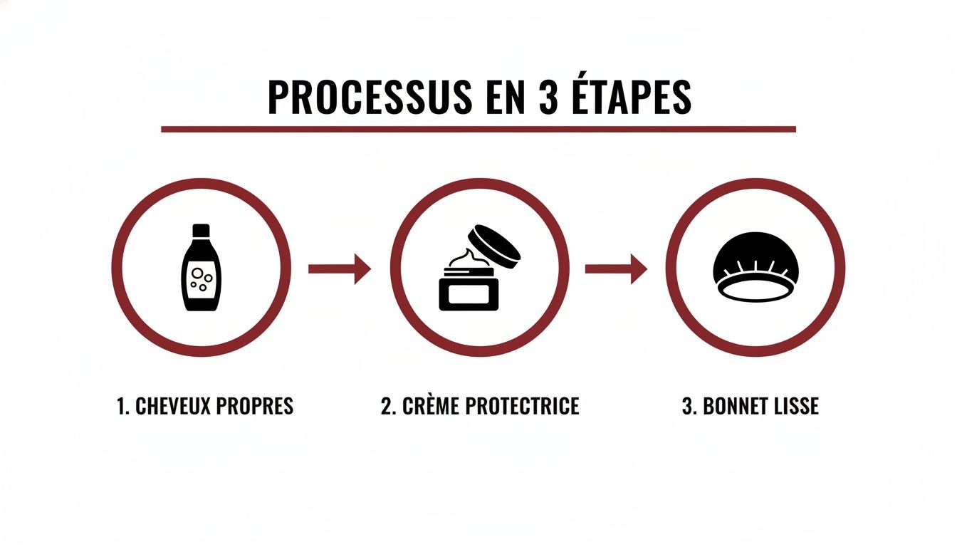 Schéma montrant un processus de soin capillaire en 3 étapes : cheveux propres, crème protectrice et bonnet lisse.