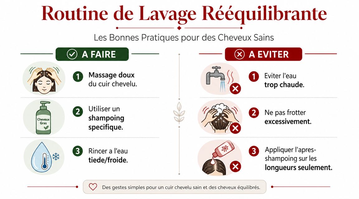 Infographie présentant les bonnes pratiques et les erreurs à éviter pour le lavage des cheveux gras.