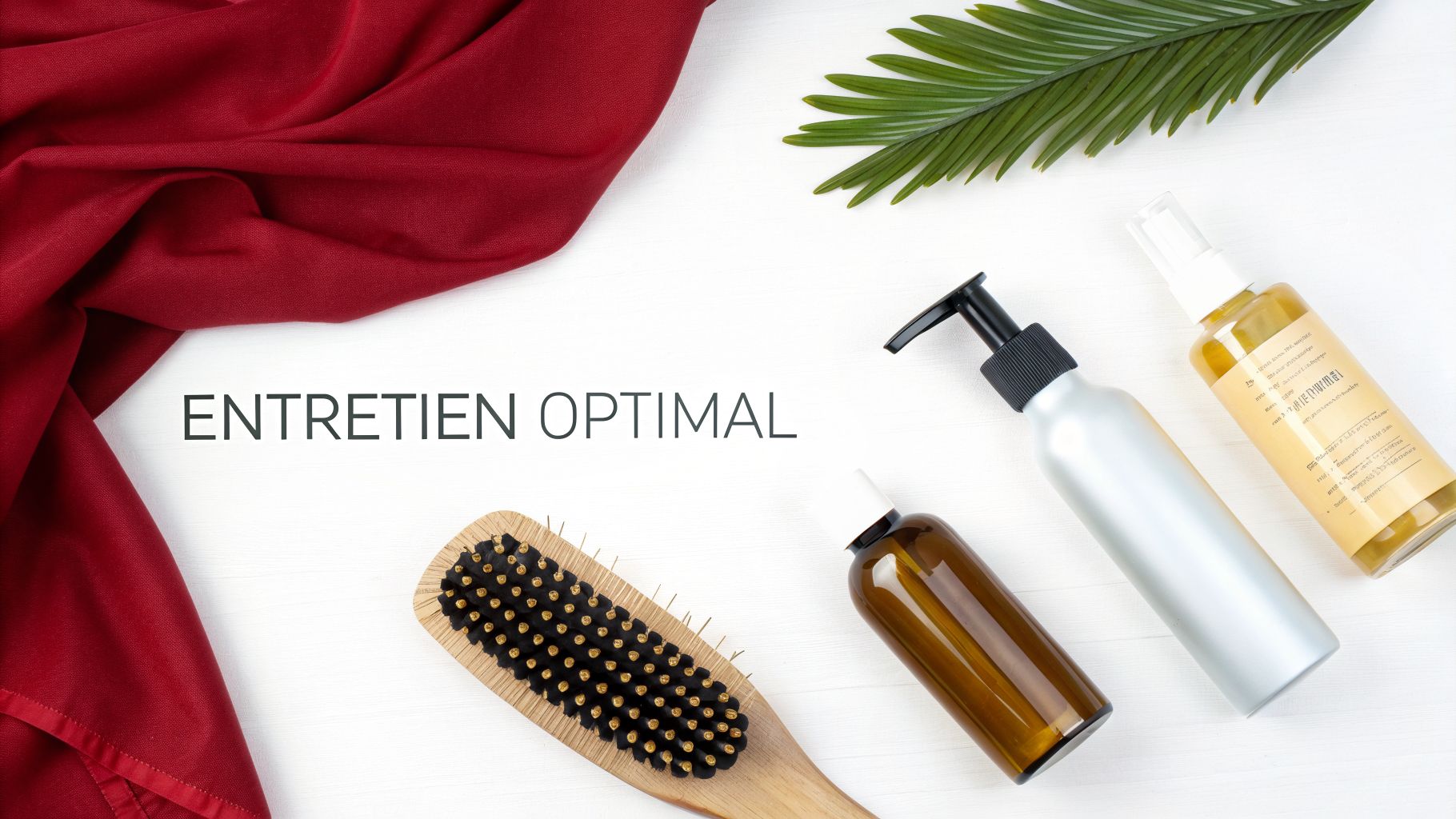 Produits capillaires, brosse à cheveux, tissu rouge et feuille de palmier sur fond blanc avec le texte "ENTRETIEN OPTIMAL".