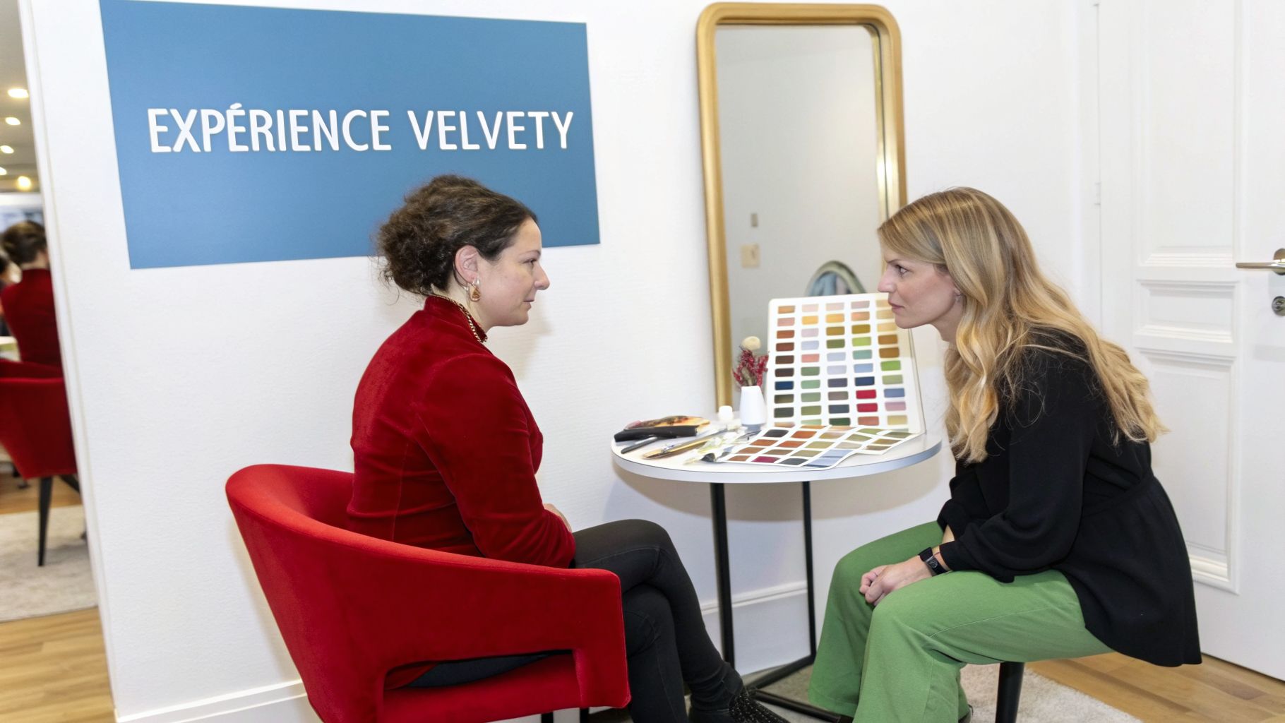 Deux femmes discutent en face d'une table avec des échantillons de couleurs, sous une pancarte «EXPÉRIENCE VELVETY».