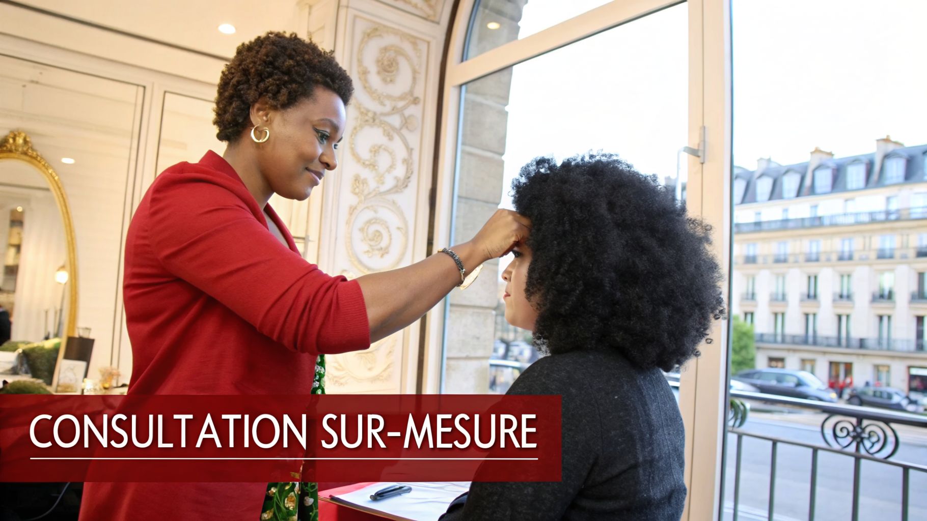 Une femme aux cheveux bouclés assiste une cliente avec une consultation beauté sur mesure, près d'une fenêtre.