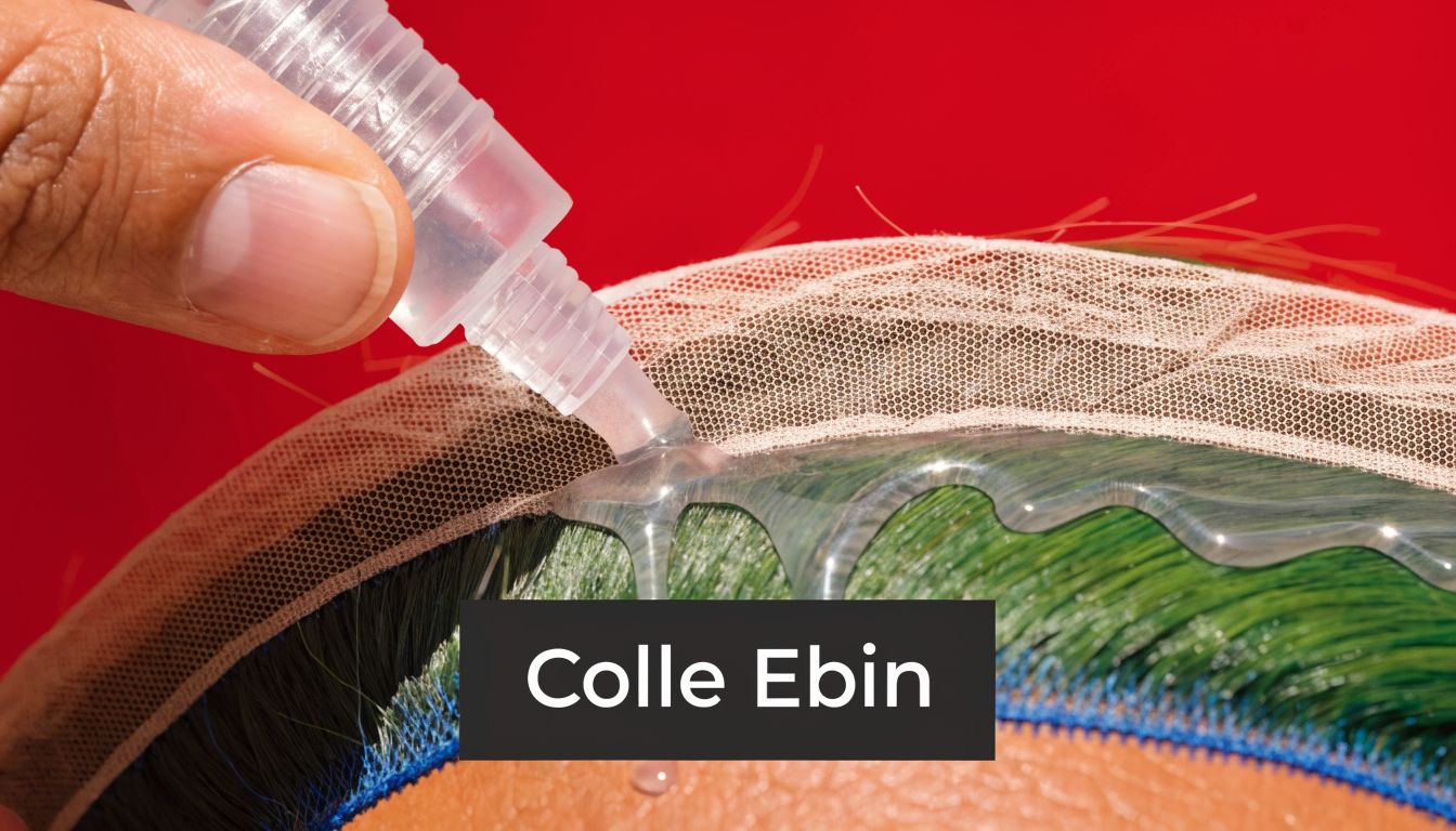 Une main applique de la colle Ebin sur la dentelle d'une perruque synthétique aux cheveux verts.