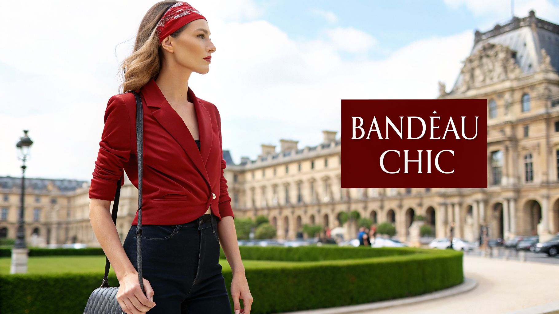 Femme élégante portant un bandeau rouge et un blazer, posant devant des bâtiments classiques à Paris.