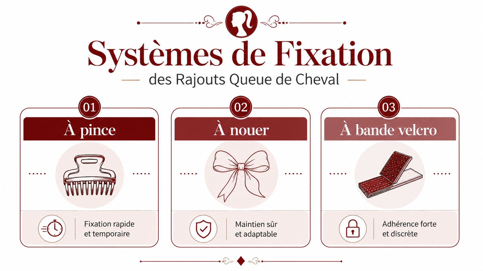Infographie présentant les trois types de systèmes de fixation pour rajouts de queue de cheval : pince, ruban et velcro.