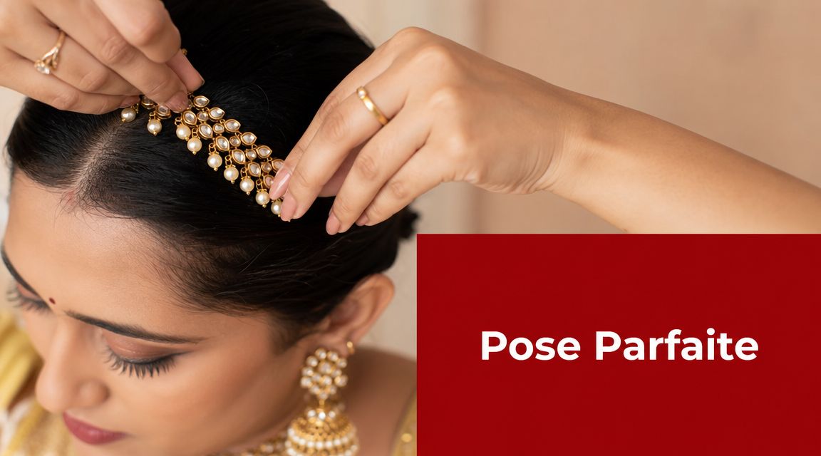 Une femme élégante ajuste une parure de bijoux indiens traditionnels dans ses cheveux pour un mariage.