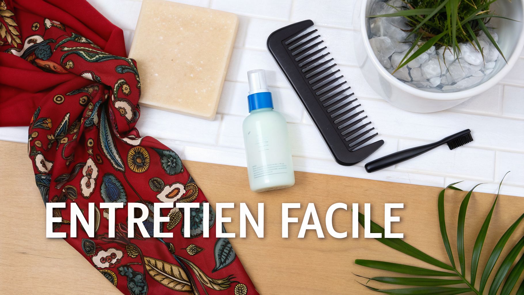Vue de produits d'entretien capillaire pour cheveux afro : peigne, spray, savon et foulard rouge sur bois et carrelage.