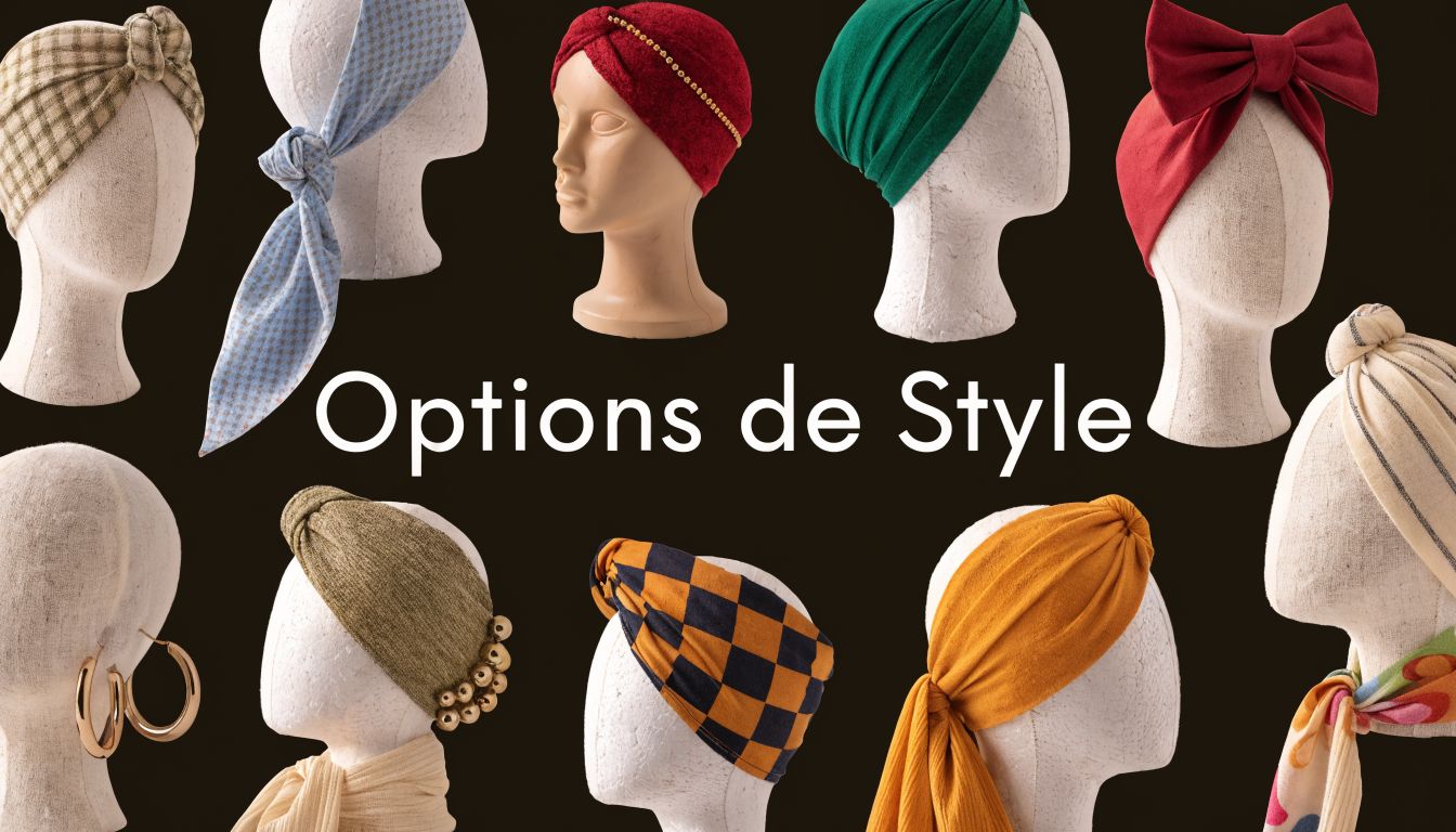 Plusieurs modèles de turbans et bandeaux élégants pour cheveux présentés sur des mannequins pour chimio et style.