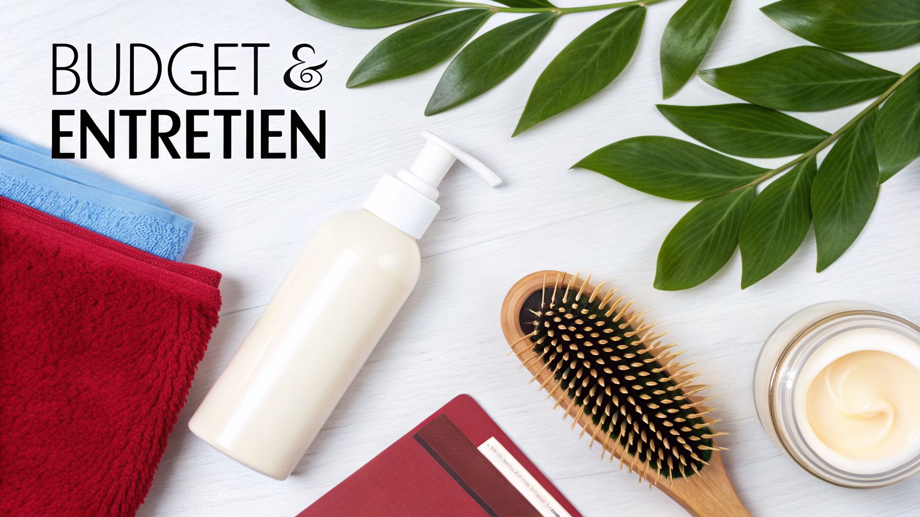 Vue de dessus de produits de soins capillaires (brosse, lotion, serviettes) et texte Budget & Entretien.