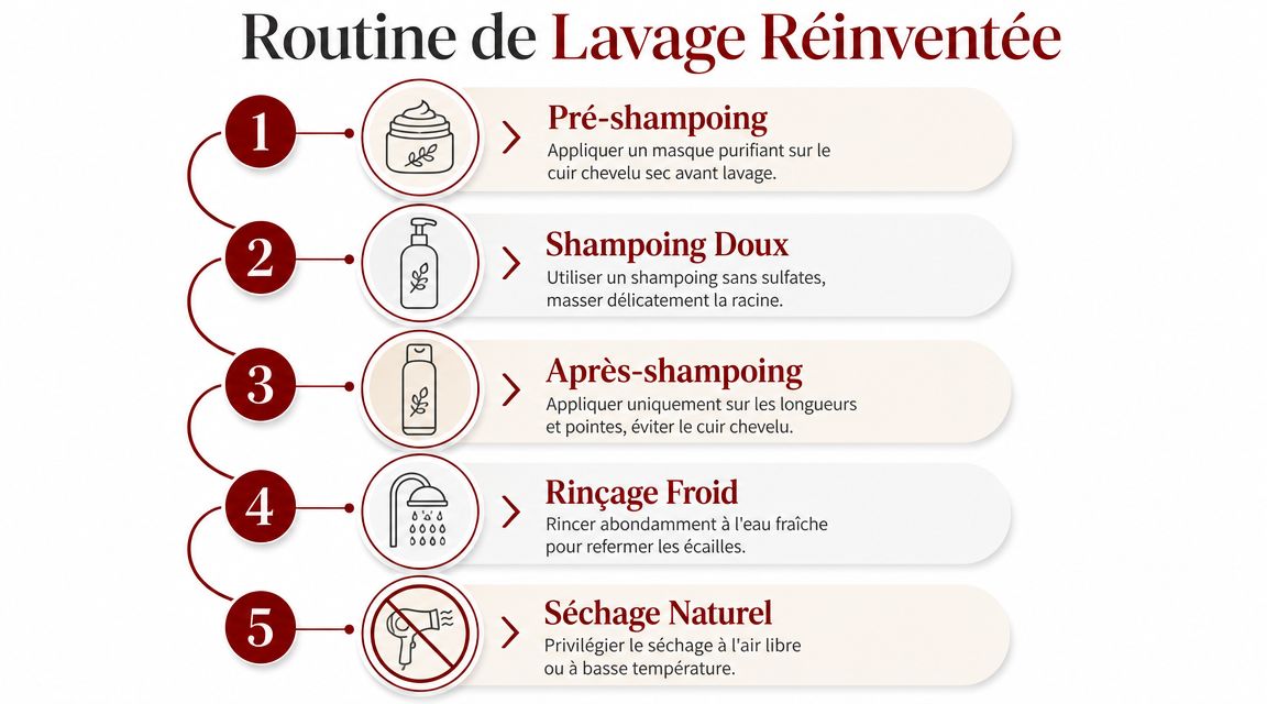 Une infographie étape par étape expliquant une routine de lavage pour des cheveux sains et brillants.