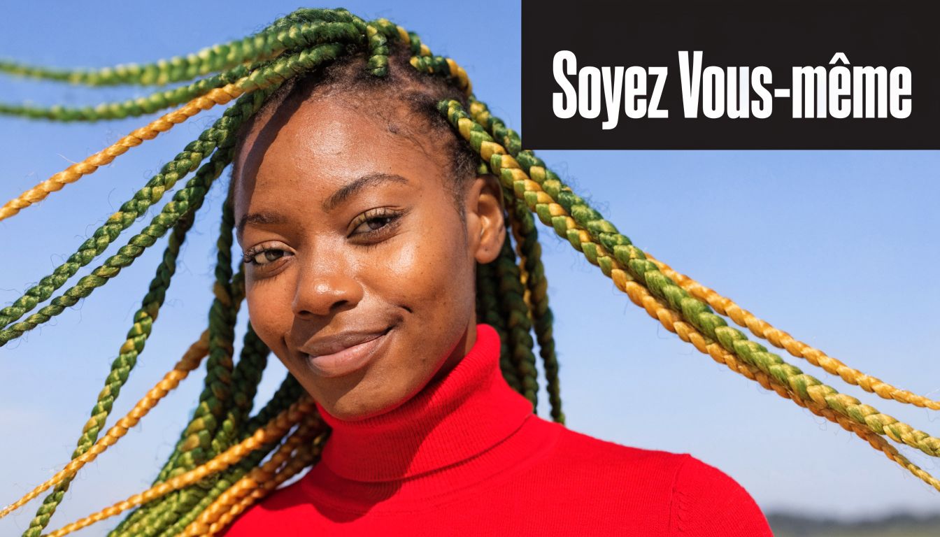 Une jeune femme noire portant des tresses vertes et jaunes avec un col roulé rouge sous un ciel bleu.