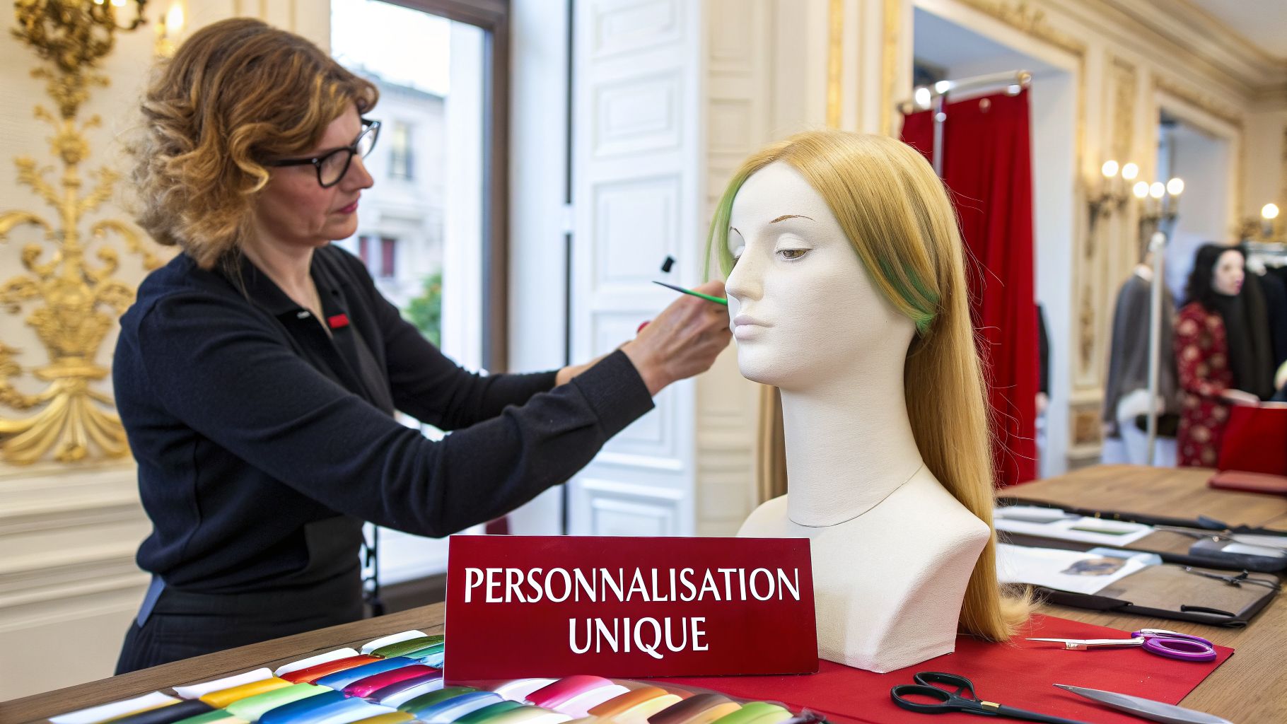Une styliste personnalise une perruque blonde sur un mannequin, un panneau "PERSONNALISATION UNIQUE" est visible au premier plan.