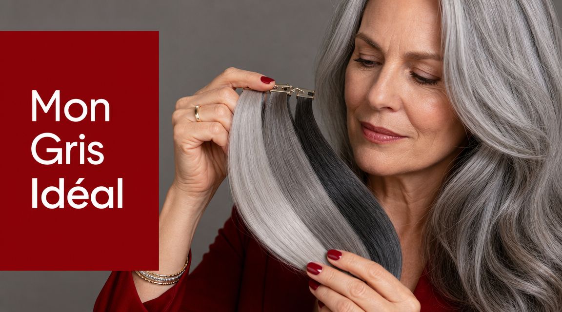 Une femme mature aux cheveux gris élégants tenant trois mèches d'extensions capillaires de différentes nuances de gris.