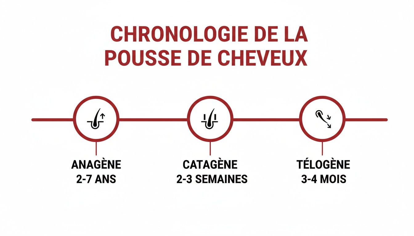 Infographie illustrant la chronologie des trois phases de la pousse des cheveux : anagène, catagène et télogène avec leurs durées respectives.