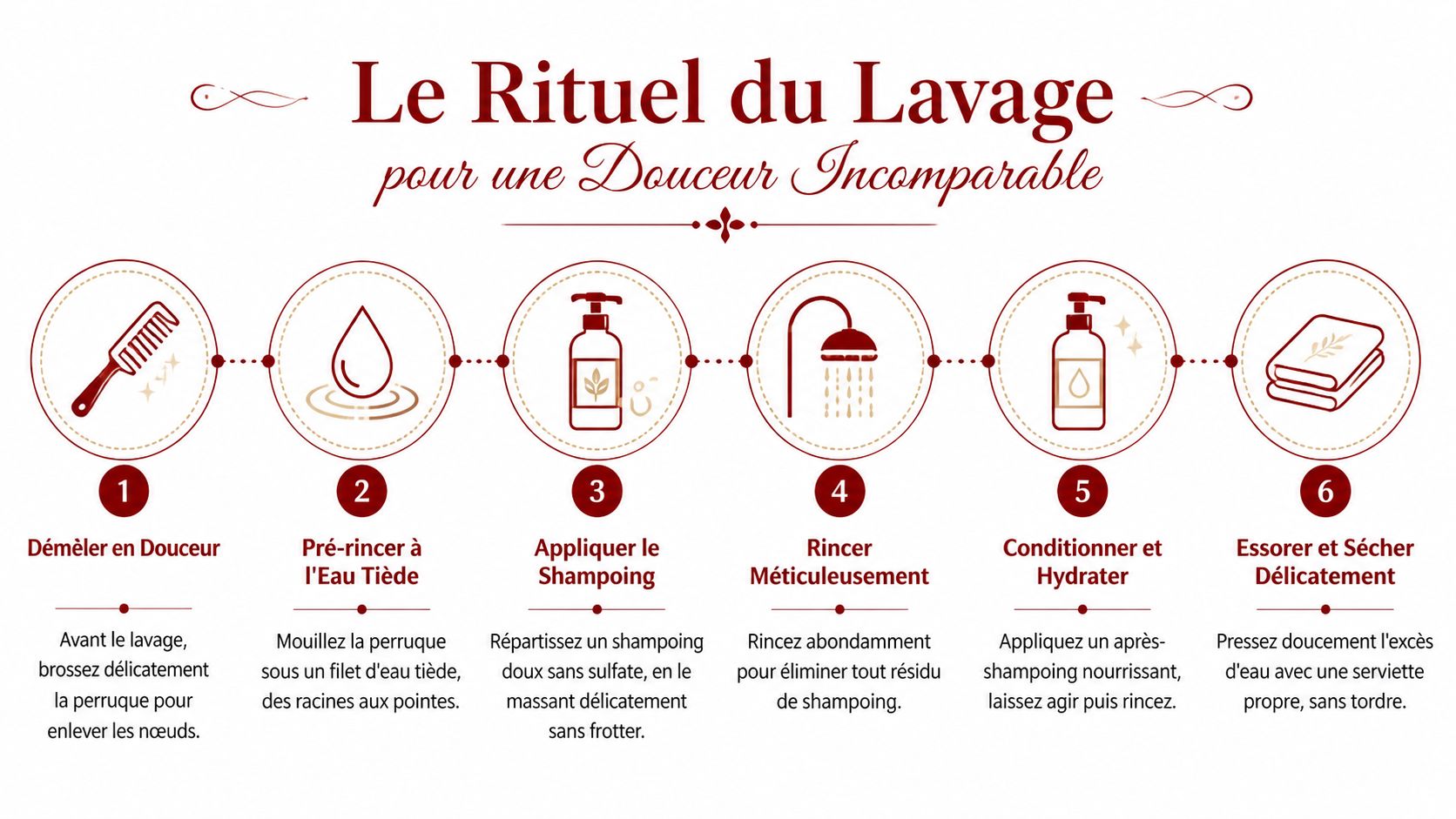 Guide étape par étape illustré pour nettoyer et entretenir délicatement vos perruques en cheveux naturels à la maison.