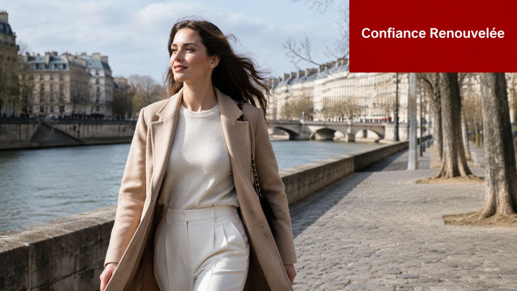 Une femme élégante marche le long de la Seine à Paris, portant un manteau beige et un pantalon blanc.