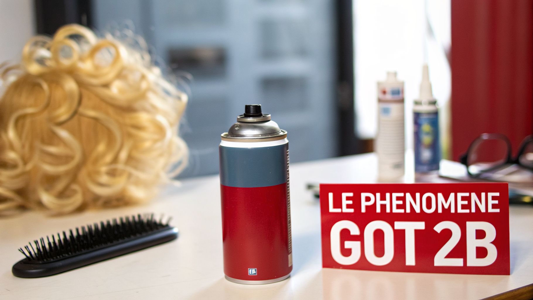 Perruque blonde bouclée, brosse à cheveux, bombe de laque GOT 2B et panneau promotionnel sur une table blanche.
