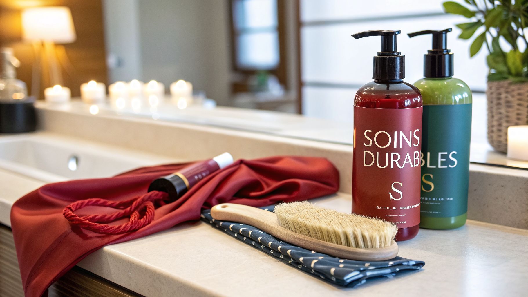 Produits de soin, brosse et tissu de soie dans une salle de bain lumineuse avec des bougies.