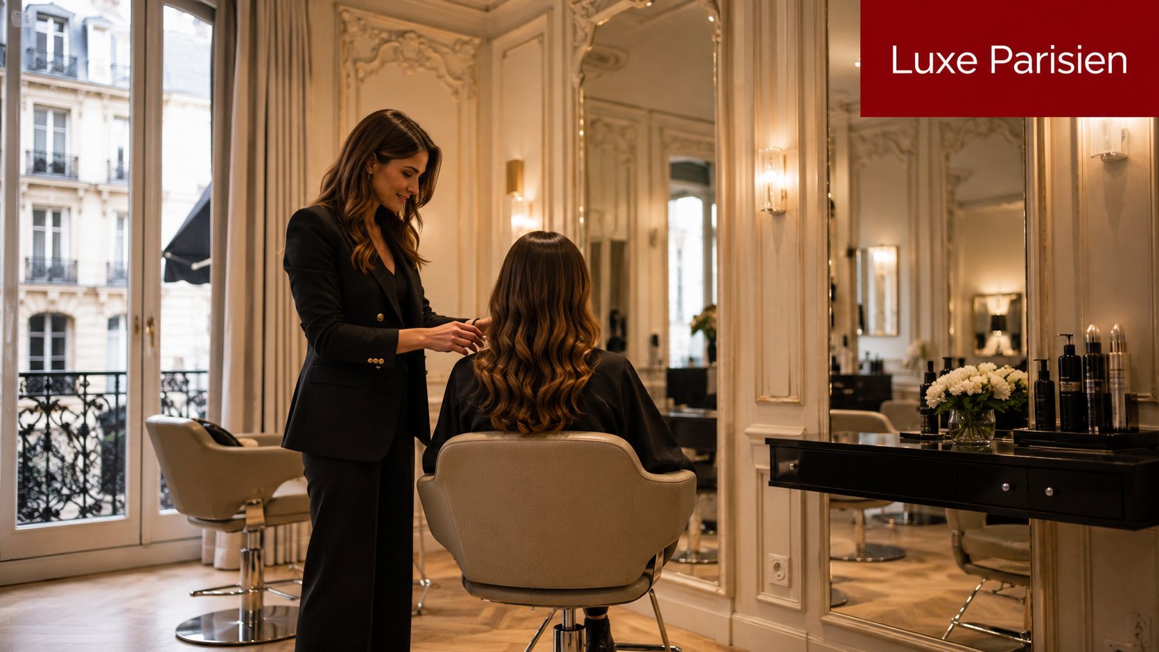 Une coiffeuse professionnelle réalisant une mise en forme sur les cheveux longs d'une cliente dans un salon chic.
