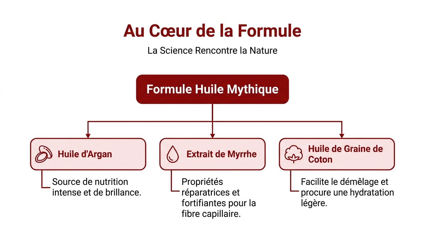 Diagramme expliquant les ingrédients clés de la formule de l'Huile Mythique pour le soin des cheveux.