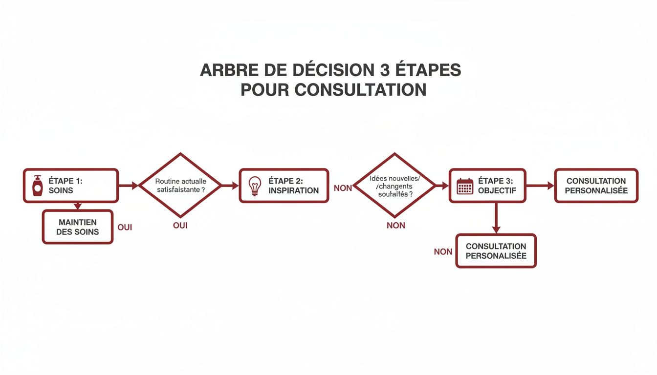 Diagramme de décision en 3 étapes pour une consultation personnalisée sur les soins, incluant l'inspiration et les objectifs.
