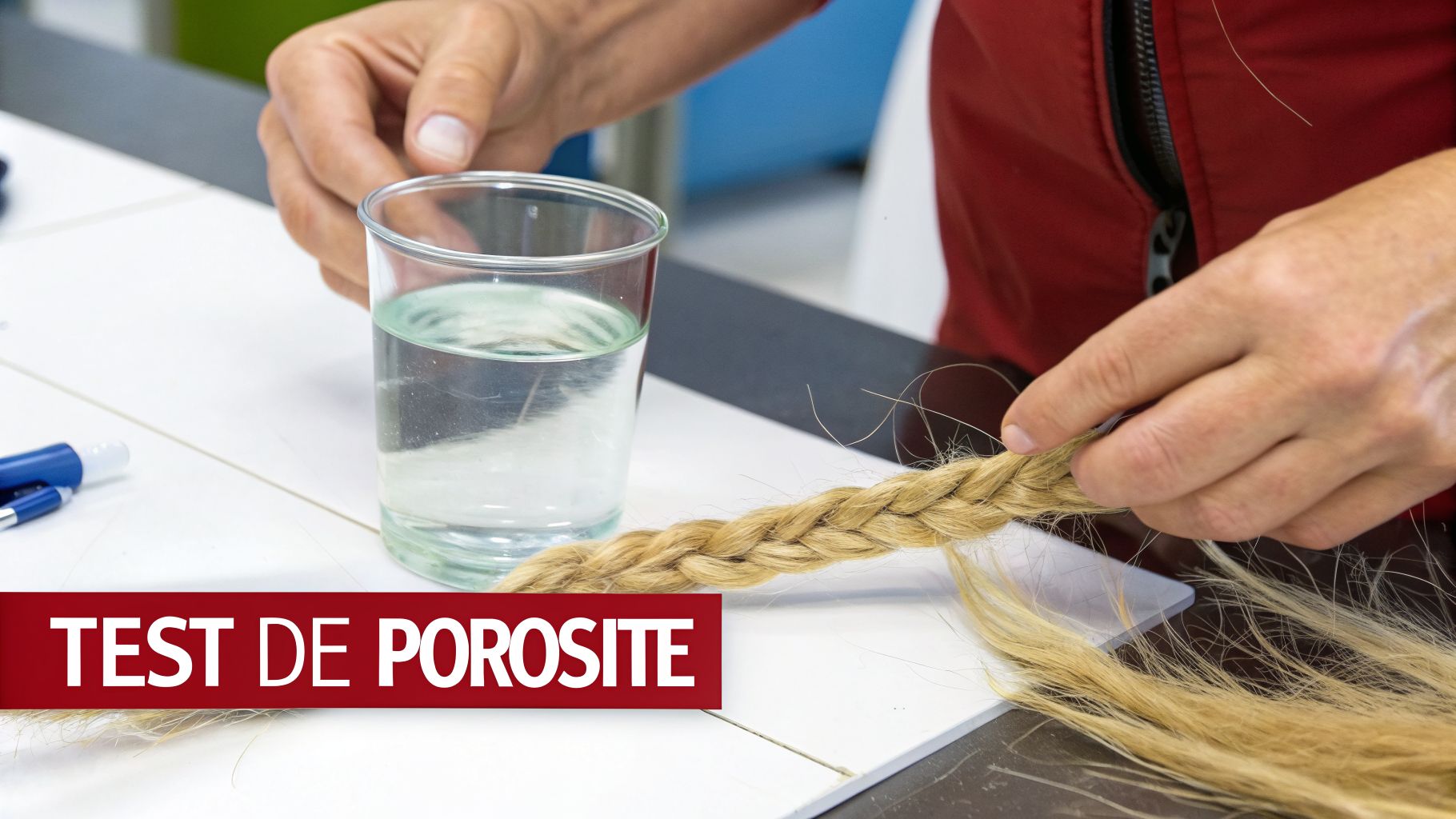 Une personne effectue un test de porosité capillaire, tenant une tresse de cheveux blonds près d'un verre d'eau.