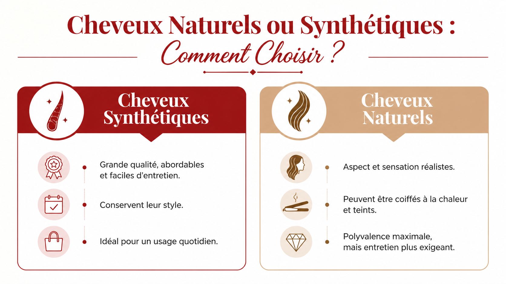 Comparaison entre cheveux synthétiques et naturels pour choisir le type de complément capillaire adapté à vos besoins.