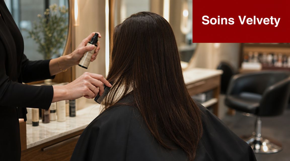 Une coiffeuse professionnelle applique un soin capillaire sur les cheveux d'une cliente dans un salon moderne.