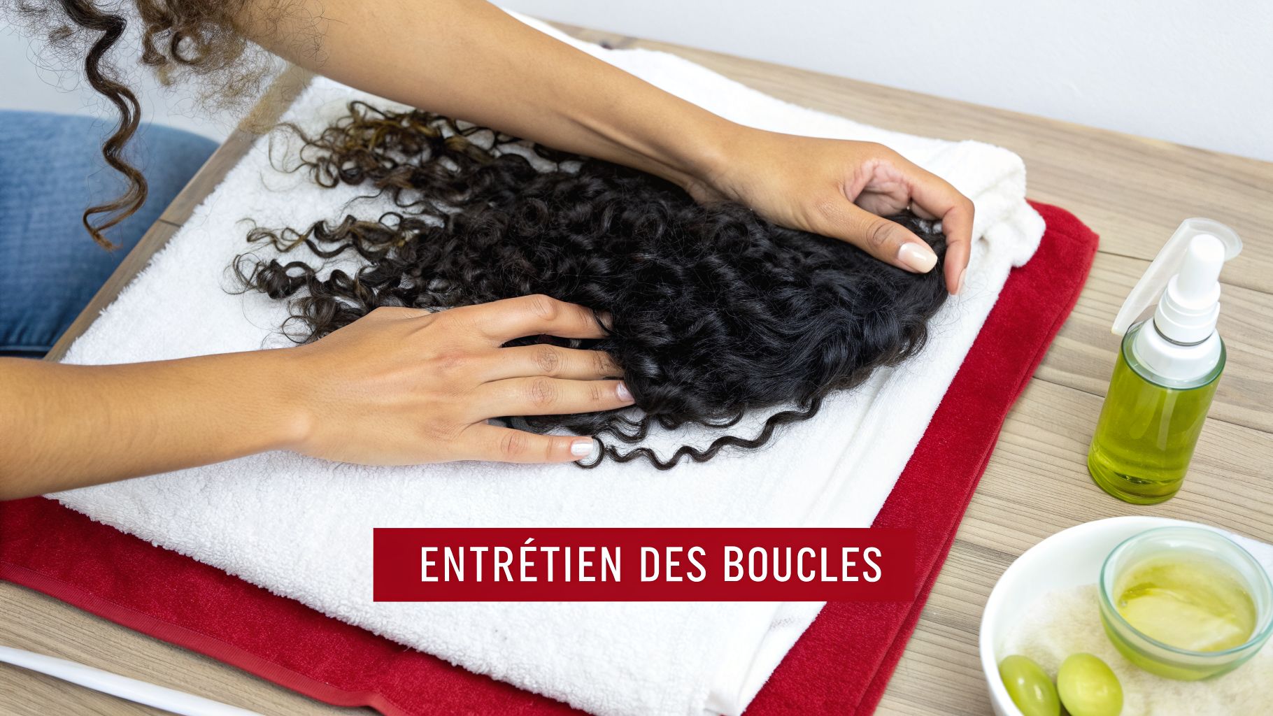 Des mains prennent soin de cheveux bouclés foncés posés sur des serviettes blanches et rouges, avec des produits capillaires.