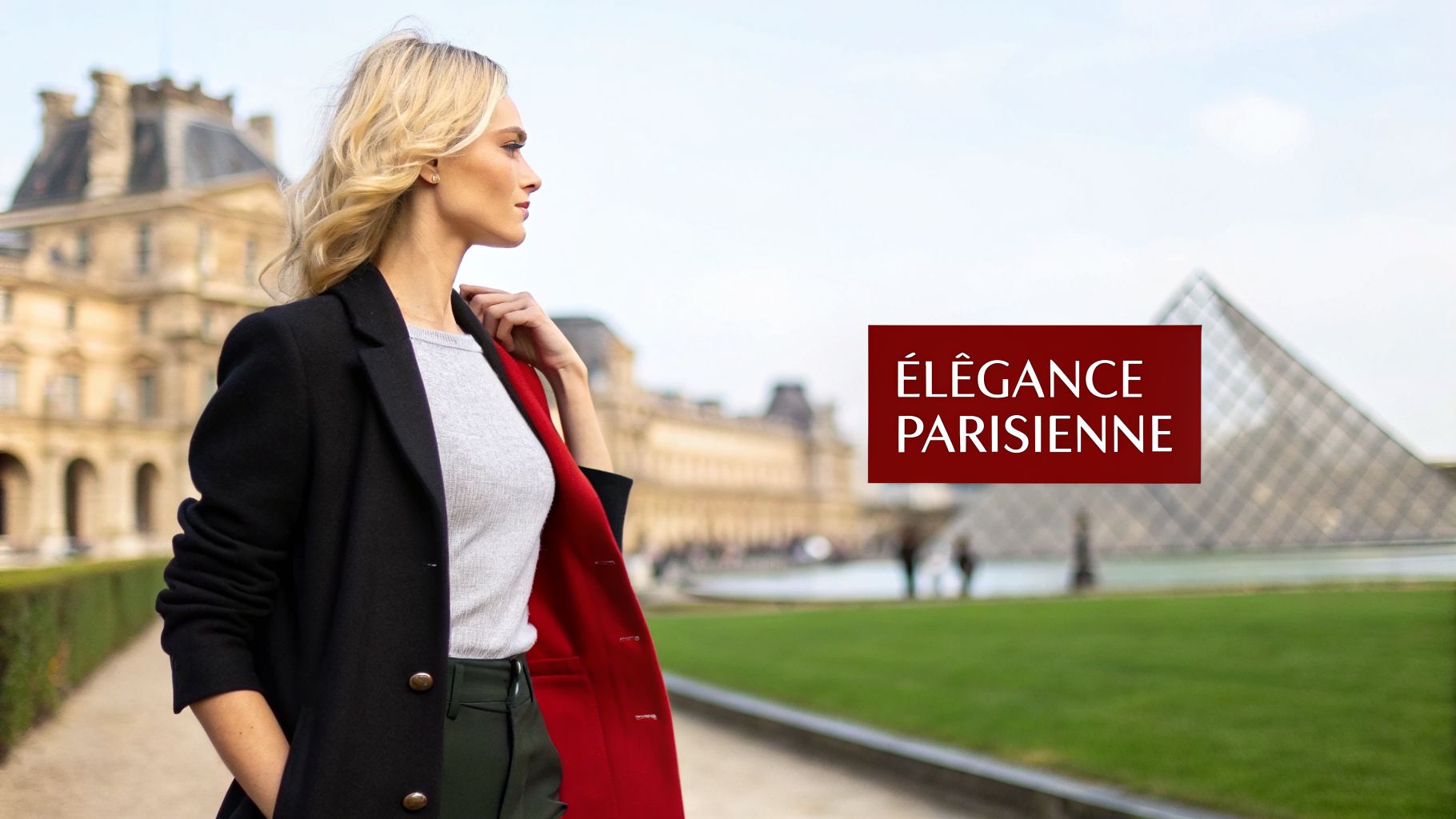 Une femme blonde élégante porte un manteau noir avec doublure rouge devant le Louvre à Paris.