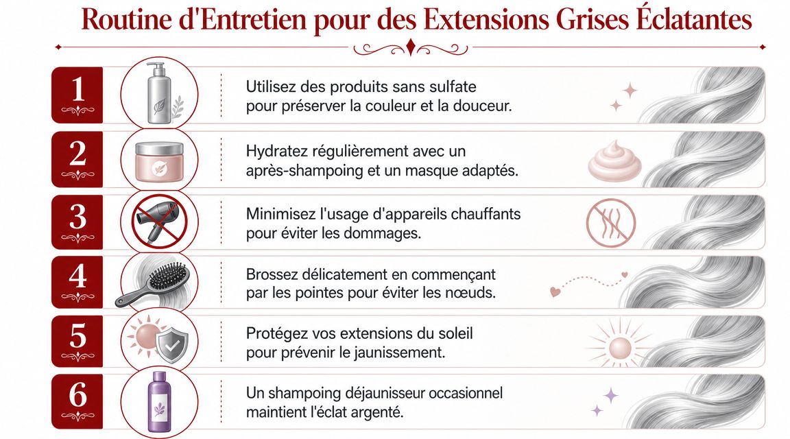 Infographie illustrant une routine d'entretien en six étapes pour garder des extensions de cheveux gris éclatantes.