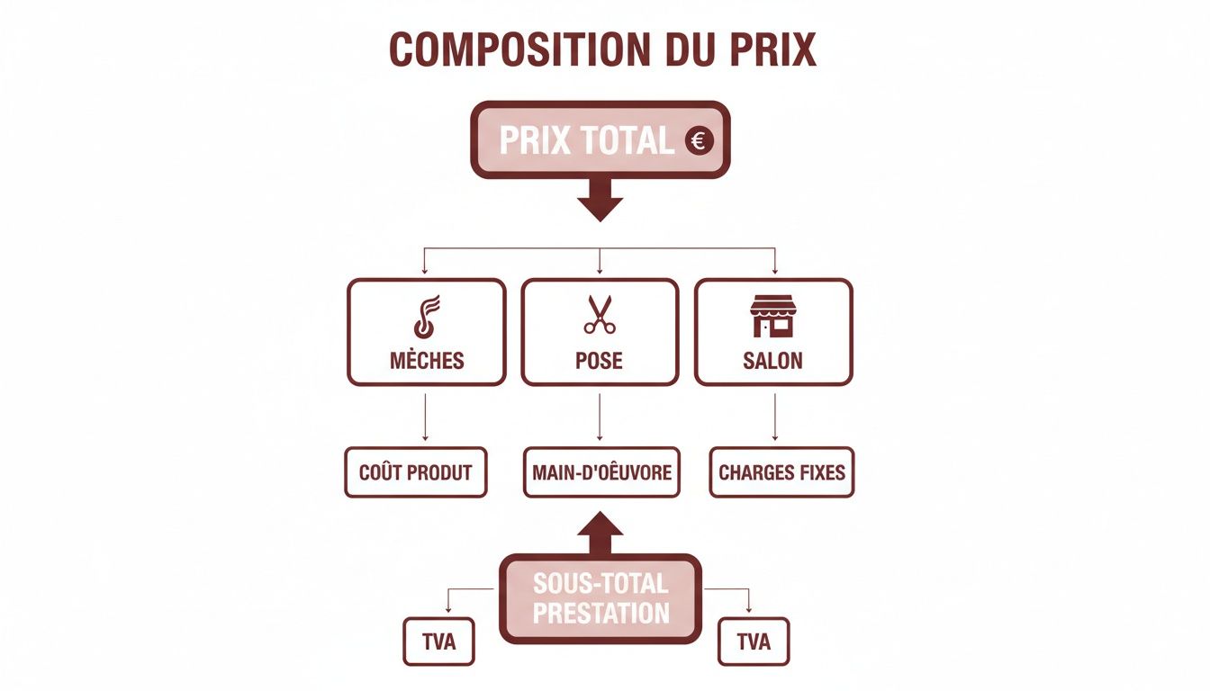 Schéma détaillé illustrant la composition du prix total d'une prestation de coiffure, incluant coûts et taxes.