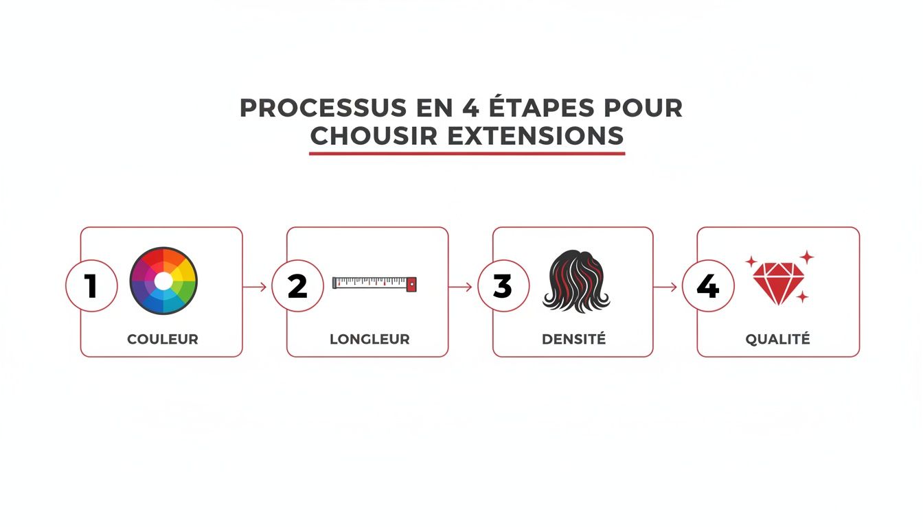 Infographie illustrant le processus en 4 étapes pour choisir des extensions de cheveux: couleur, longueur, densité et qualité.