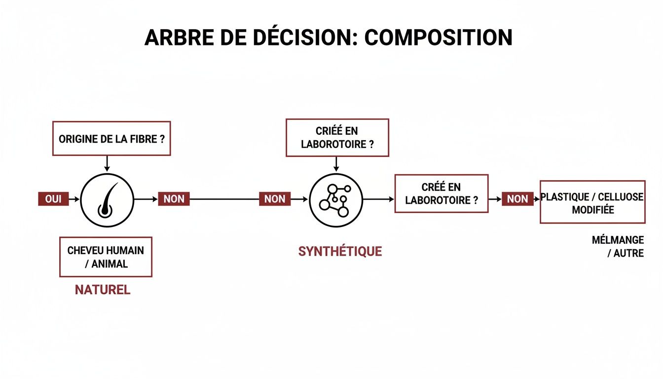 Diagramme de flux montrant un arbre de décision pour l'identification de la composition des fibres textiles.
