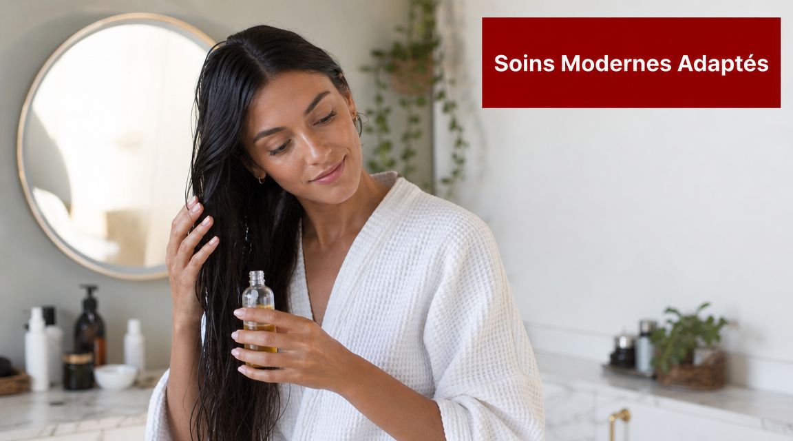 Une jeune femme en peignoir blanc applique un soin nourrissant sur ses cheveux longs dans une salle bain.