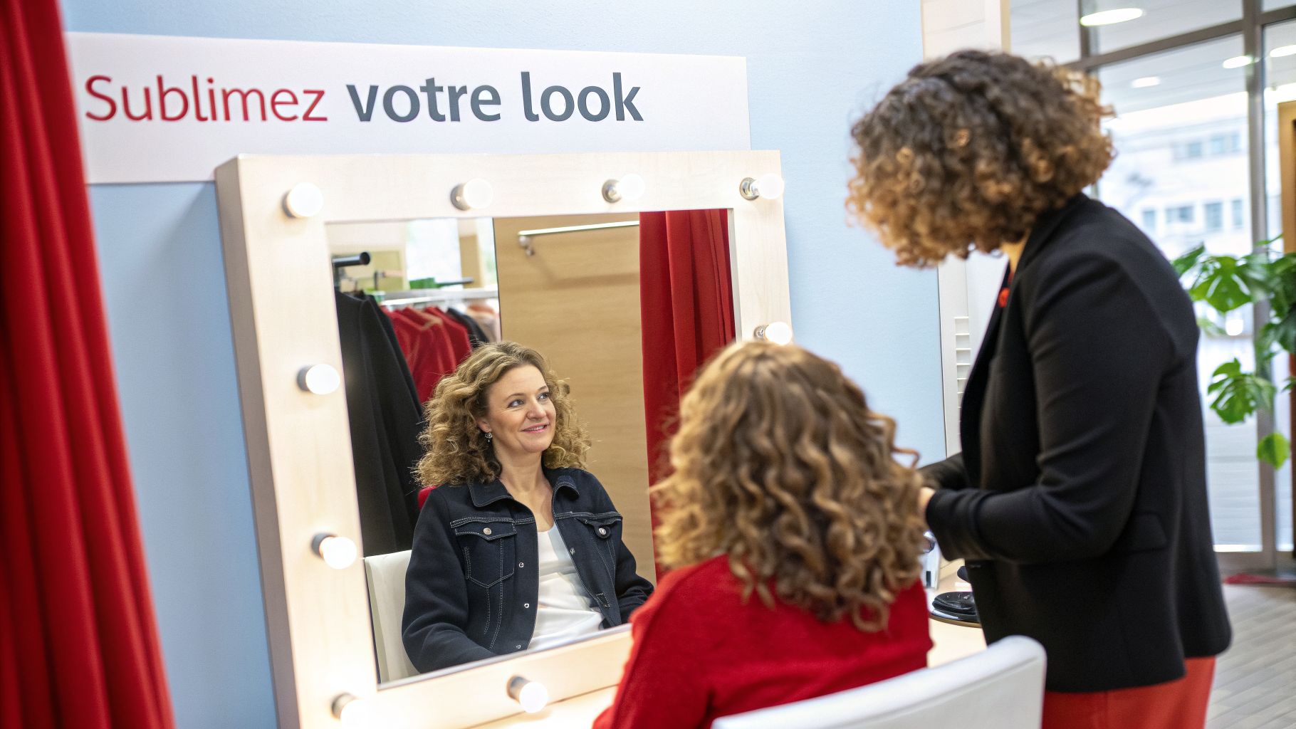 Une femme aux cheveux bouclés sourit en se regardant dans un miroir, devant une conseillère en style.