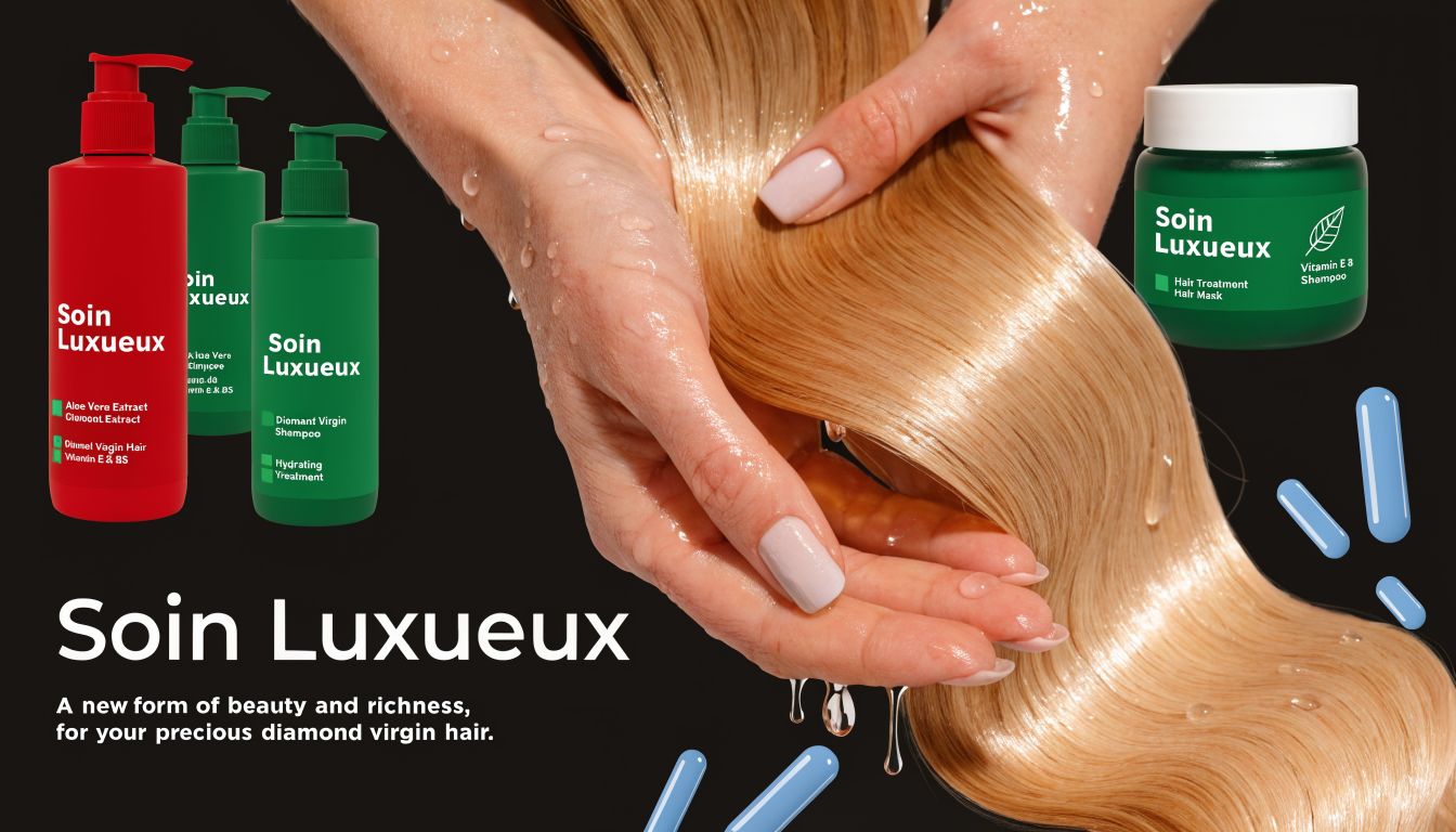 Produits de soin capillaire luxueux avec des mains tenant des cheveux blonds brillants sur fond sombre.
